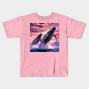 Humpback Whales Breaching at Sunset Kids T-Shirt